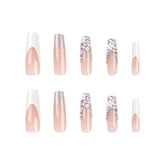 VIBEFICANT Glaze Exquisite Blooms: 3D Floral Rhinestone French Tip Long Square Press-On Nails